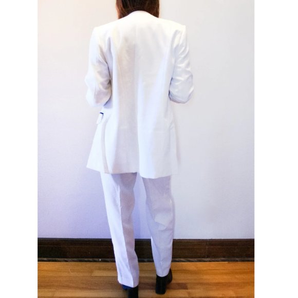 WHITE MINIMALIST SUIT - Mod Ribbed Power Suit Navy Trim - Trousers Pants Set - Picture 2 of 4